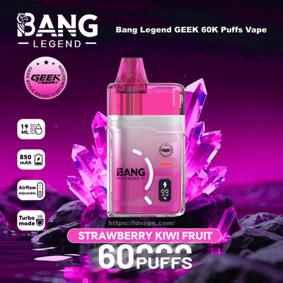 Rosa genomskinlig Bang Legend Geek vape-enhet mot lila kristallbakgrund, Strawberry Kiwi Fruit-smak, 60 puffar