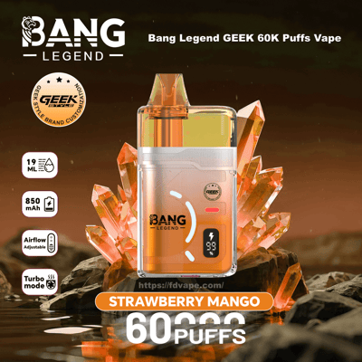 Bang Legend vapepod i bärnsten, jordgubbsmangosmak, 60K puffar, med 19 ml kapacitet och 850 mAh batteri.
