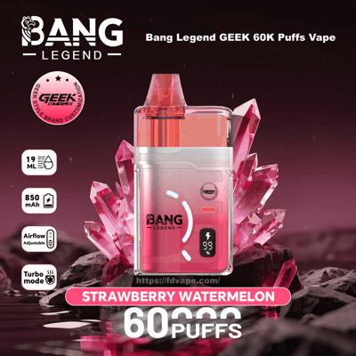 Pink Bang Legend Geek vape-enhet med kristallbakgrund, 60K puffar och smak av jordgubbsvattenmelon.