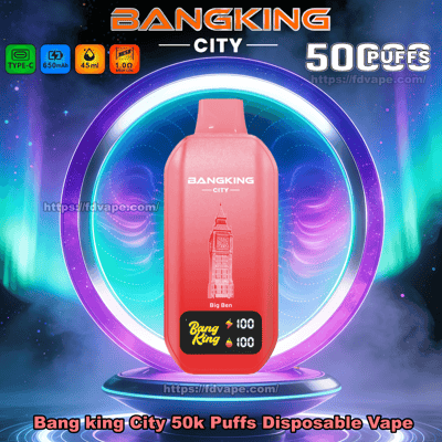Red BangKing City の使い捨て電子タバコには、ビッグ ベンのイラストが描かれ、輝くネオン リングに表示され、50,000 パフのラベルが付いています。.