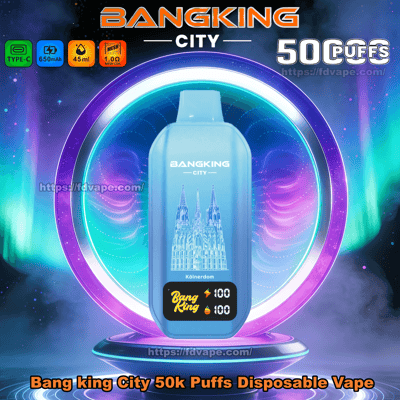 ネオンの円形の背景に大聖堂のイラストとパフカウンターを備えた青い BangKing City 使い捨て電子タバコ