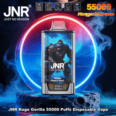 Shiny rectangular disposable vape device branded JNR "Just No Reason" Rage Gorilla, featuring an armored roaring gorilla illustration, White Peach Razz flavor text and a prominent 55000 puffs label against a neon circular smoke backdrop.