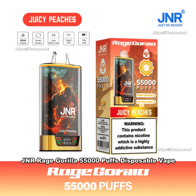Product shot of a JNR Rage Gorilla Juicy Peaches disposable vape and its matching box, both in orange-red tones with flaming gorilla artwork, prominent '55000 PUFFS' and 'Juicy Peaches' labels, JNR logo, feature icons across the top and a nicotine warning panel on the box.