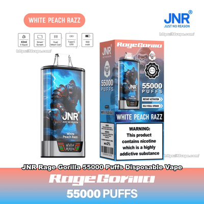 Disposable JNR 'Rage Gorilla' White Peach Razz vape device and retail box featuring blue gorilla artwork, 55,000 puffs claim, brand logo, flavor name, product feature icons and nicotine warning label