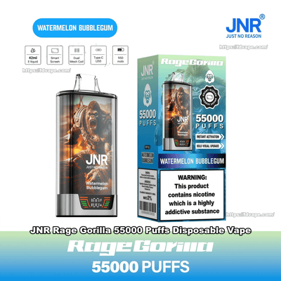 Disposable JNR Rage Gorilla vape device with roaring gorilla artwork labeled Watermelon Bubblegum beside its blue-green retail box advertising 55,000 puffs, product icons and a prominent nicotine warning label.