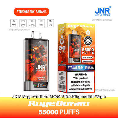Product shot of a JNR Rage Gorilla disposable vape and its box on a white background, featuring orange-red gorilla artwork, 'Strawberry Banana' flavor labeling, prominent '55,000 puffs' branding, a nicotine warning panel, and icons for 42ml e-liquid, smart screen, dual mesh coil, Type-C USB and 950 mAh battery.