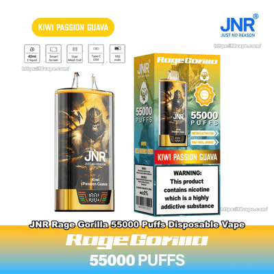 Packaged JNR Rage Gorilla disposable vape in Kiwi Passion Guava flavor, showing a gold-and-black device with gorilla artwork beside its boxed packaging labeled 55,000 puffs, flavor banner, feature icons, and a nicotine warning panel.