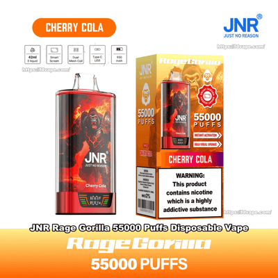 Product shot of a red-orange JNR "Rage Gorilla" disposable vape and its box featuring a fiery gorilla graphic, Cherry Cola flavor label, prominent "55000 PUFFS" text, JNR logo, and a visible nicotine warning.