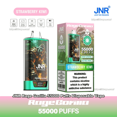 Green metallic JNR Rage Gorilla disposable vape and its packaging featuring gorilla artwork, labeled Strawberry Kiwi and 55,000 puffs, with a visible nicotine warning label.