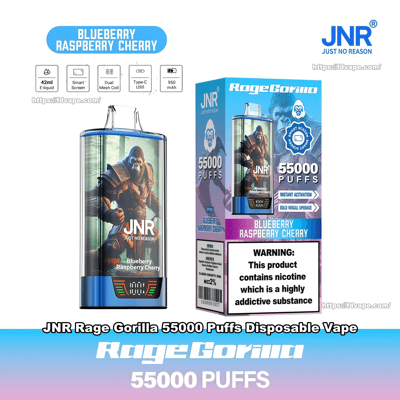 Blue metallic JNR Rage Gorilla disposable vape and boxed packaging featuring a gorilla warrior graphic, Blueberry Raspberry Cherry flavor label, 55,000 puffs branding, specification icons, and a nicotine addiction warning.