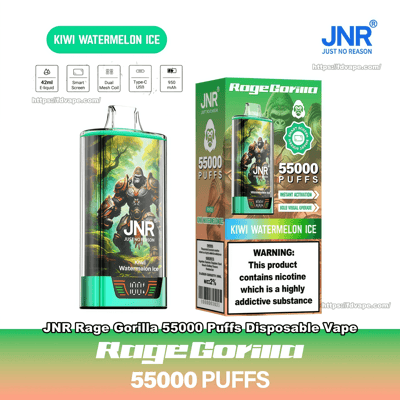 Compact green JNR Rage Gorilla disposable vape device and matching box labeled Kiwi Watermelon Ice, featuring gorilla warrior artwork, prominent 55,000 puffs branding, charging and capacity icons, and a nicotine warning label.