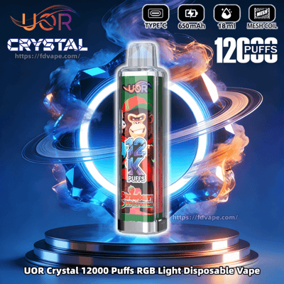 UOR Crystal 12000 Puffs RGB light disposable vape centered on a glowing blue pedestal, strawberry–watermelon flavor.