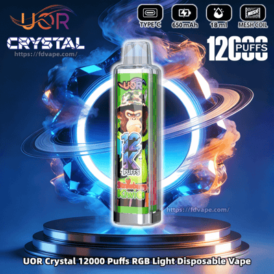 UOR Crystal 12000 Puffs RGB disposable vape with green label and monkey, strawberry kiwi flavor, on a blue pedestal.