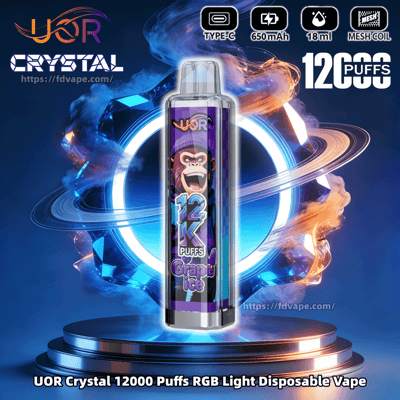 UOR Crystal 12000 Puffs RGB light disposable vape with Grape Ice, shown on a glowing pedestal.