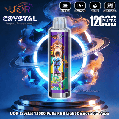 UOR Crystal 12000-puff disposable vape pen on a pedestal with blue and orange energy rings; flavor Kiwi Passionfruit Guava.