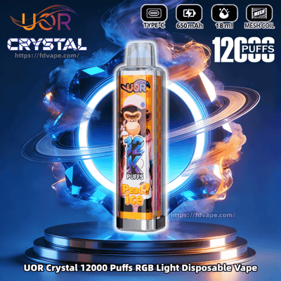 UOR Crystal 12000 Puffs RGB Light disposable vape on a futuristic pedestal, featuring a cartoon monkey label and Peach Ice flavor.