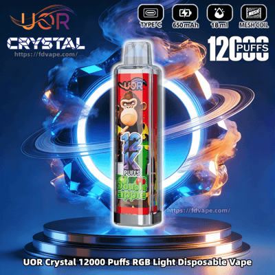 UOR Crystal 12000 Puffs RGB light disposable vape on a glowing pedestal, red label features a monkey and Double Apple flavor.