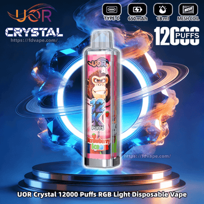 UOR Crystal 12000 Puffs RGB light disposable vape on a pedestal, pink label with a monkey and strawberry ice flavor