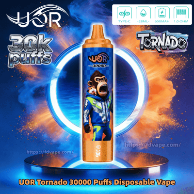 UOR Tornado 30000 Puffs disposable vape bottle with a cartoon gorilla on a blue checkered label and an orange cap.