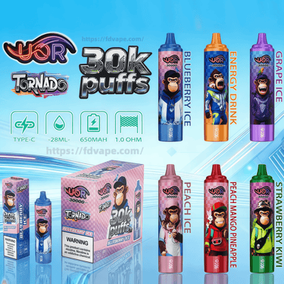 VOR 30k Puffs disposable vapes with monkey mascots in Blueberry Ice, GRAPE ICE, and Energy Drink flavors.