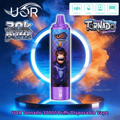 Purple disposable vape pen featuring a cartoon gorilla in a hoodie with a parrot on the label, UOR Tornado 30k puffs.