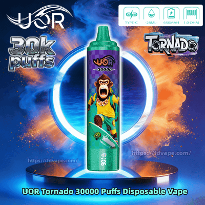 Green UOR Tornado disposable vape bottle with cartoon monkey artwork, centered before a glowing ring and flames, 30k puffs.
