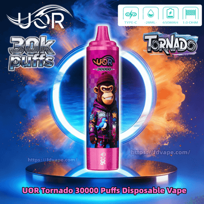 Pink disposable vape labeled UOR Tornado 30000 Puffs, standing upright on a glowing pedestal amid blue and orange background.