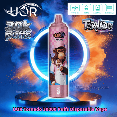 Pink disposable vape bottle with a monkey and cat on the label, UOR Tornado 30000 Puffs, blue and orange background.