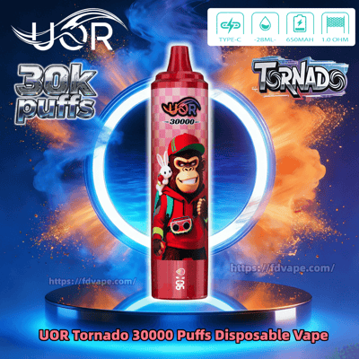 UOR Tornado 30000 Puffs disposable vape bottle with a pink checkered label featuring a cartoon monkey in a red hoodie