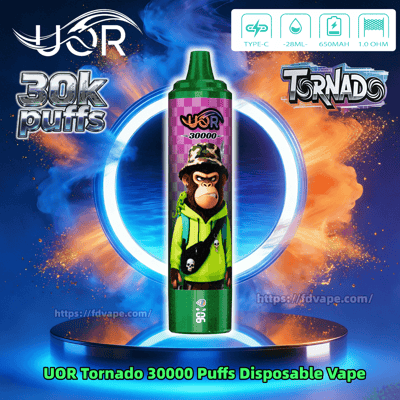 Disposable vape bottle with purple checkered label featuring a gorilla in a green hoodie and camo hat, set against neon ring.