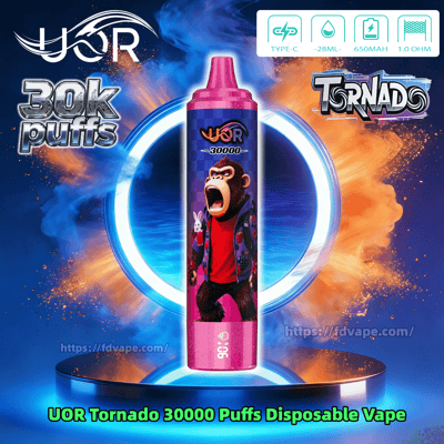 UOR Tornado 30k disposable vape with pink mouthpiece, purple body, roaring gorilla, blue ring and fiery backdrop.