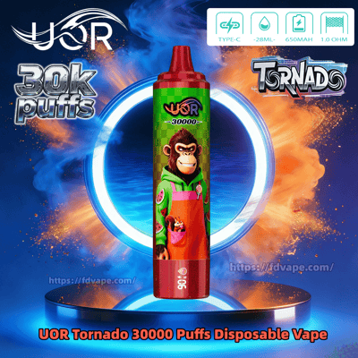 UOR Tornado 30000 Puffs disposable vape bottle with a cartoon monkey on a green label and red mouthpiece against a neon ring.