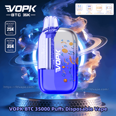 Blue translucent VOPK BTC disposable vape with 35K normal and 25K boost puffs, decorative graphics, on a metallic pedestal.