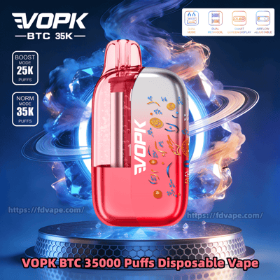 Pink VOPK BTC disposable vape with decorative graphics, 35000 puffs, on a metallic pedestal against a blue background.