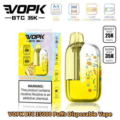 VOPK BTC 35K Banana Taffy Freeze disposable vape featuring a yellow bottle and packaging, with 25K boost and 35K norm puff modes