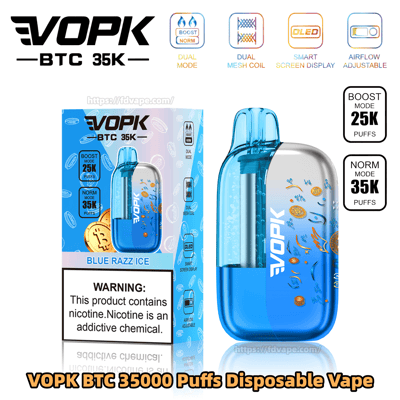 VOPK BTC 35K Blue Razz Ice disposable vape in a blue translucent body beside its box, with nicotine warning.