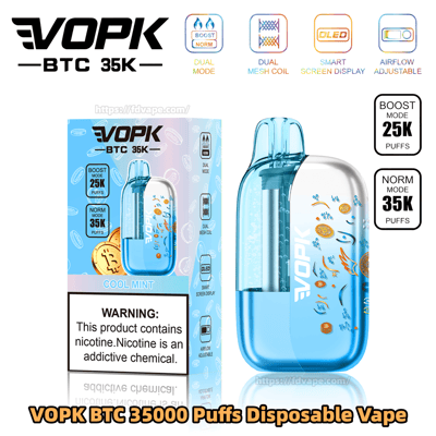 VOPK 35000 puffs disposable vape in cool mint with blue translucent body; dual mode, mesh coil, smart display, adjustable airflow.