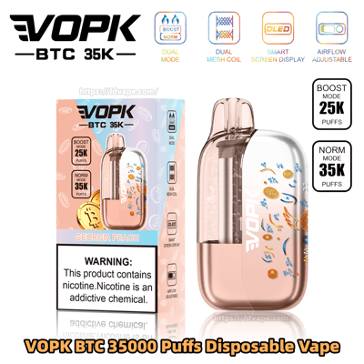 VOPK BTC 35K disposable vape in Georgia Peach flavor with pink rose-gold body and colorful packaging.