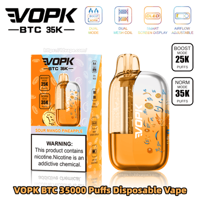 VOPK BTC 35K disposable vape in orange mango pineapple flavor beside its colorful packaging.