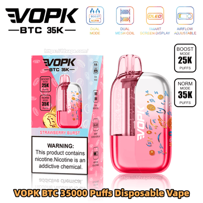 VOPK BTC 35K strawberry burst disposable vape, pink gradient device with matching pink box showing 35000 puff capacity.