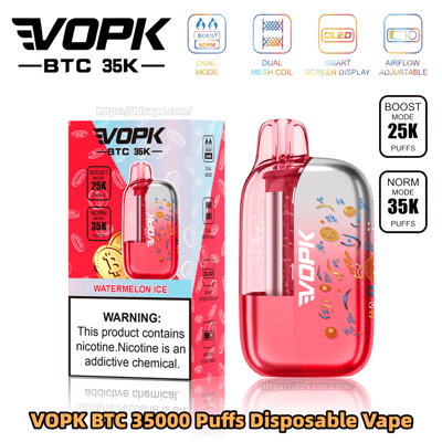 VOPK BTC watermelon ice disposable vape, translucent pink pod beside red box, showing dual mode and adjustable airflow.