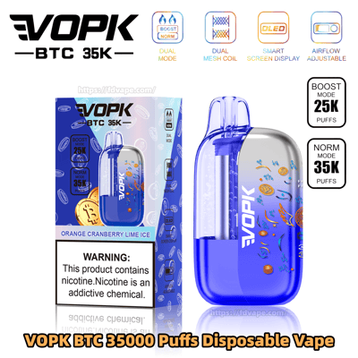 VOPK BTC 35K disposable vape in blue gradient; Boost 25K and Norm 35K, flavor Orange Cranberry Lime Ice, with box.
