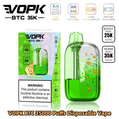 VOPK Passion Kiwi disposable vape with a green translucent body beside the box, showing 25K Boost and 35K Norm puffs.