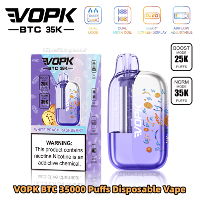 Purple gradient VOPK BTC 35K disposable vape next to its White Peach Raspberry box, highlighting Boost 25K and Norm 35K puff modes.