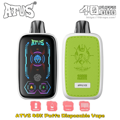 Svapo usa e getta ATVS 40K Puffs, vista anteriore e posteriore: dispositivo nero a sinistra con interfaccia utente blu neon, retro verde lime a destra con Apple Ice.