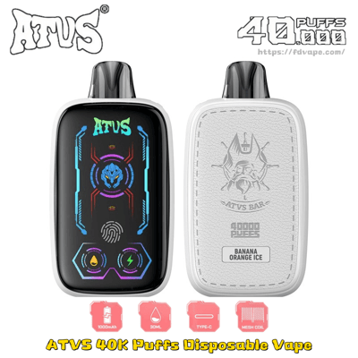 Vape usa e getta ATVS 40K Puffs, display e marchio al neon anteriori, pannello posteriore cucito con etichetta e icone Banana Orange Ice.