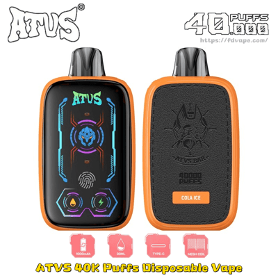 Viste anteriore e posteriore di un vaporizzatore usa e getta con cornice arancione con interfaccia utente al neon sulla parte anteriore e un pannello posteriore testurizzato con l'etichetta COLA ICE.