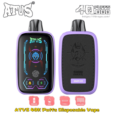 Vape usa e getta ATVS 40K Puffs con bordi viola, parte anteriore con interfaccia utente e marchio al neon, parte posteriore con pannello strutturato e logo in rilievo.
