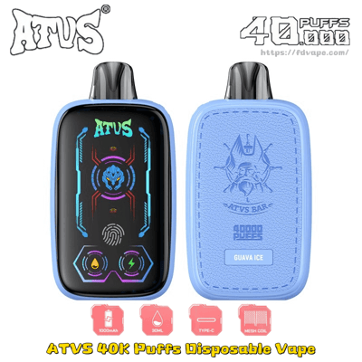 Vape usa e getta ATVS 40K blu mostrato dalla parte anteriore e posteriore, parte anteriore con display al neon, parte posteriore con pannello strutturato e logo.