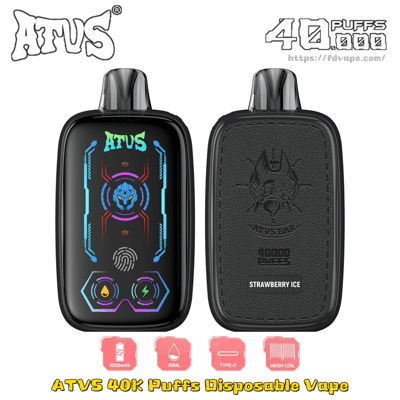 Due vaporizzatori usa e getta ATVS 40K Puffs neri; a sinistra mostra un display al neon, a destra mostra un retro strutturato con un'etichetta Strawberry Ice.